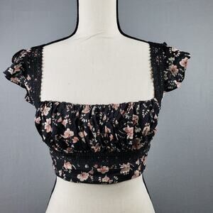 Free People Sz 0 Bijou Floral Smocked Crop Top Black Dark Fairycore‎ Cottagecore